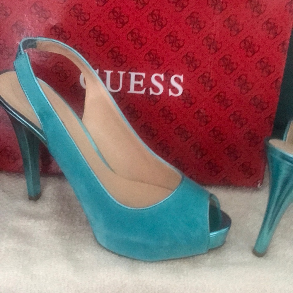 GUESS Turquoise Peep-Toe Slingback Platform Heels